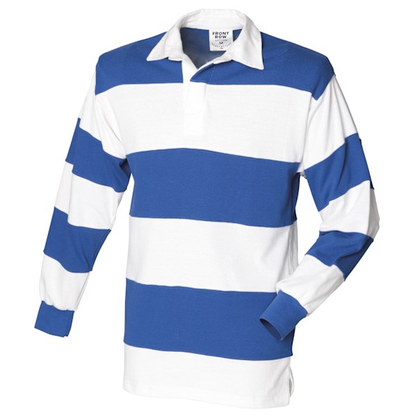 Front Row Sewn Stripe Long Sleeve Sports Rugby Polo Shirt M Whi White & Royal (White collar) M