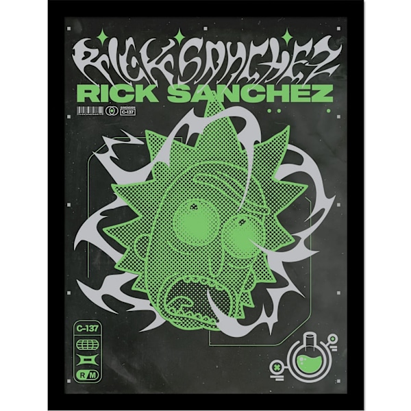 Rick And Morty 90S Rave Rickvival Rick Inramad Poster 40cm x 30c Black/White/Green 40cm x 30cm