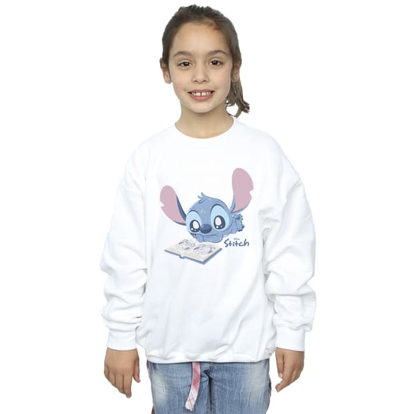 Lilo & Stitch Flickor Läser Liggande Sweatshirt 7-8 År Vit White 7-8 Years