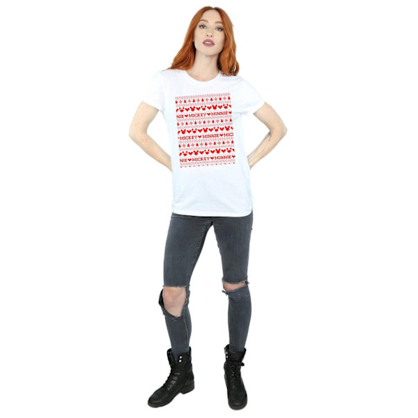 Disney Dam/Damer Mickey Och Minnie Jul Fair Isle Bomull Boyfriend T-Shirt M Vit White M