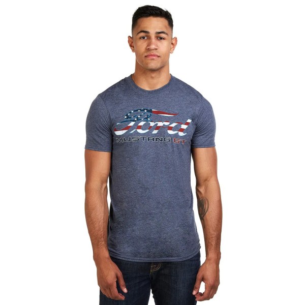 Ford Mens Mustang GT American Flag T-shirt S Heather Navy/Red/W Heather Navy/Red/White S