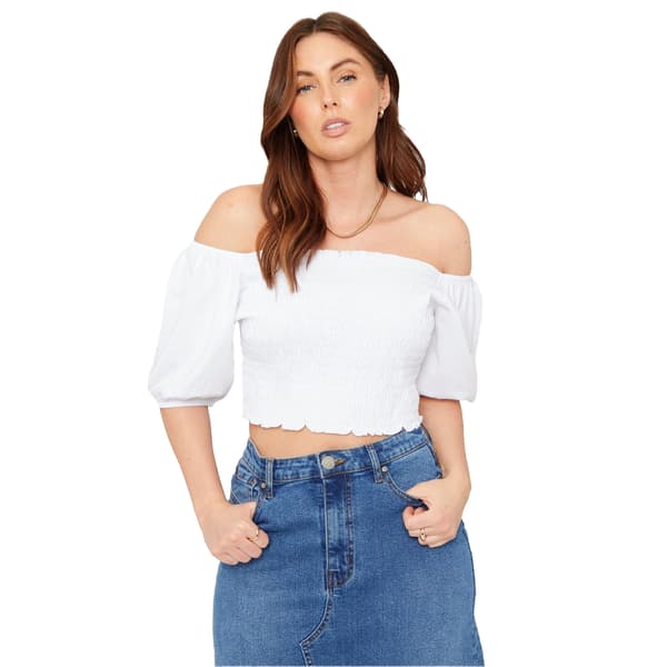 Be You Dam/Dam Off Shoulder Regular Puffärmad Croppad Topp White 24 UK