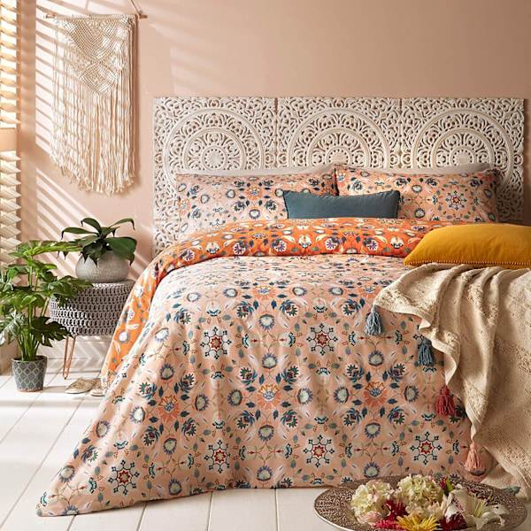 Furn Folk Blommigt Påslakanset Enkelsäng Orange Orange Single