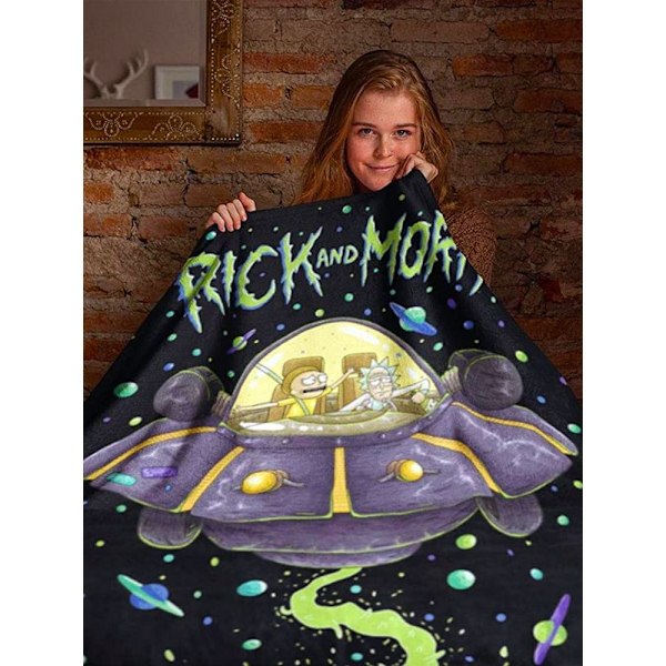 Rick And Morty Fleece Rymdskepp Filt 150cm x 100cm Svart/Grön Black/Green/Purple 150cm x 100cm