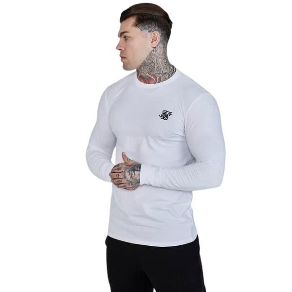 SikSilk Herr Broderad Logotyp Figurnära Långärmad T-shirt L Vit White L