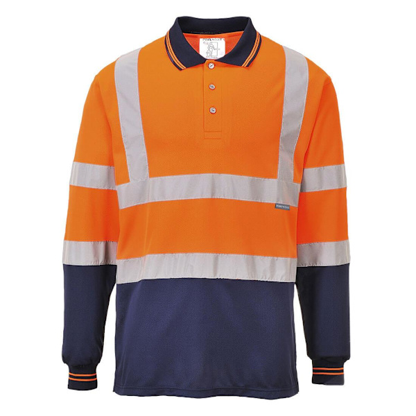 Portwest Herr Kontrast Hi-Vis Långärmad Säkerhets Polotröja 4X Orange/Navy 4XL