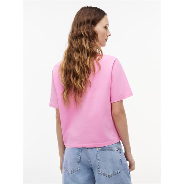 Tommy Jeans Dam Broderad Logotyp Bomull Croppad T-shirt Pink 14 UK