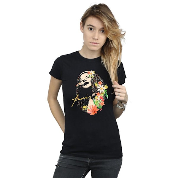 Janis Joplin Dam T-shirt i bomull med blommönster för kvinnor/damer XXL Svart Black XXL