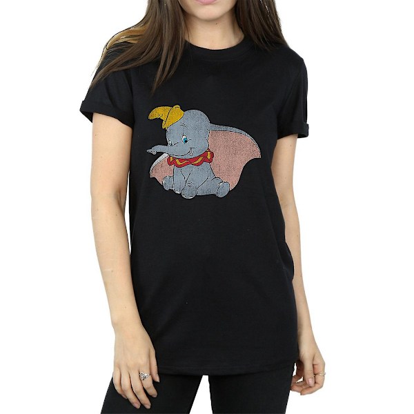 Dumbo Dam T-shirt i bomull för kvinnor/damer, klassisk pojkvänstmodell, M, svart Black M