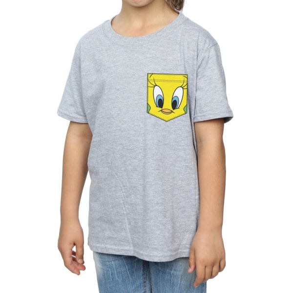 Looney Tunes Girls Tweety Pie Face Faux Pocket Bomull T-shirt 9 Sports Grey 9-11 Years