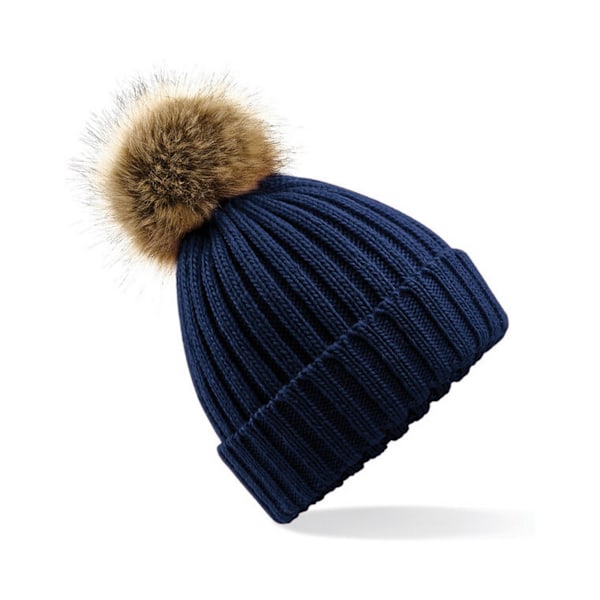 Beechfield Pom Pom Faux Fur Chunky Knit Beanie One Size Navy Bl Navy Blue One Size