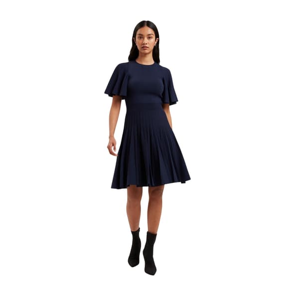 Ted Baker Dam/Dam Stickad Crew Neck Flutter Skater Klänning Navy 8 UK