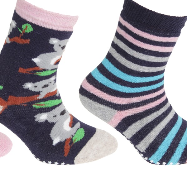 FLOSO Childrens Girls Cotton Rich Gripper Socks (3 par) 9-12 Navy/Beige/Pink 9-12 Child UK