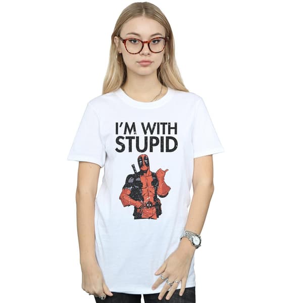 Marvel Dam Deadpool I´m With Stupid Bomull Boyfriend White 3XL