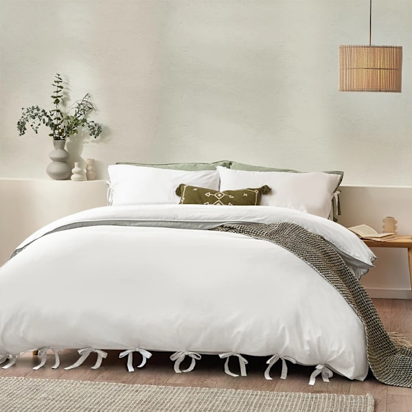 Yard Mallow Tie Detail Cotton Bow Duvet Cover Set Double Warm White Warm White Double