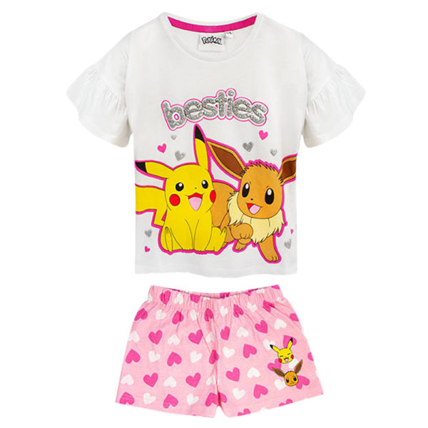 Pokemon Girls Besties Pikachu & Eevee Frill Short Pyjamas Set 5- White/Pink/Yellow 5-6 Years