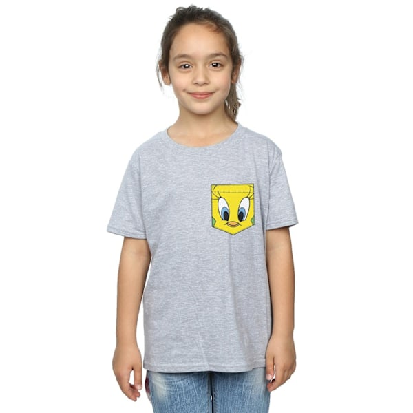 Looney Tunes Girls Tweety Pie Face Faux Pocket Bomull T-shirt 5 Sports Grey 5-6 Years