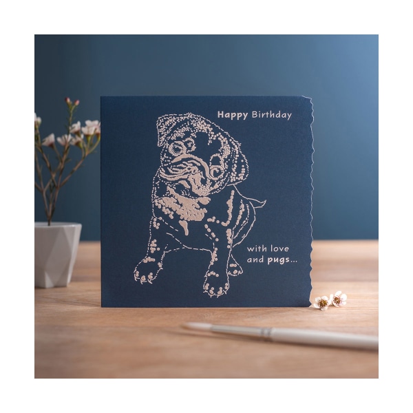 Deckled Edge Color Block Animal Greetings Card One Size Happy Happy Birthday - Pug (Navy) One Size