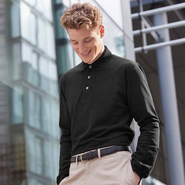Henbury Herr Classic Plain Långärmad Bomull Polotröja 2XL Svart Black 2XL
