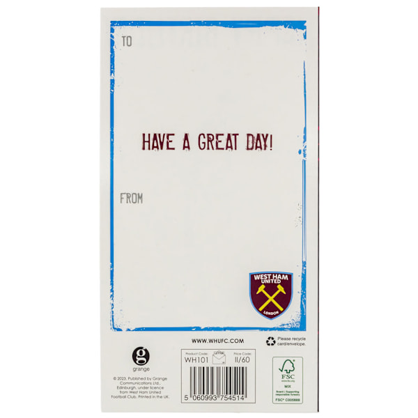 West Ham United FC Crest Födelsedagskort En Storlek Bordeaux/Gul/Vit Maroon/Yellow/White One Size