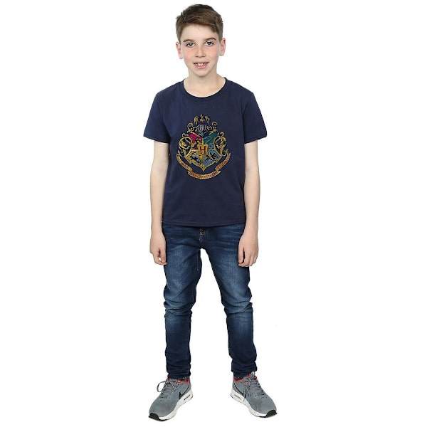Harry Potter Pojkar Hogwarts Crest Bomull T-shirt 7-8 År Marinblå Navy Blue 7-8 Years