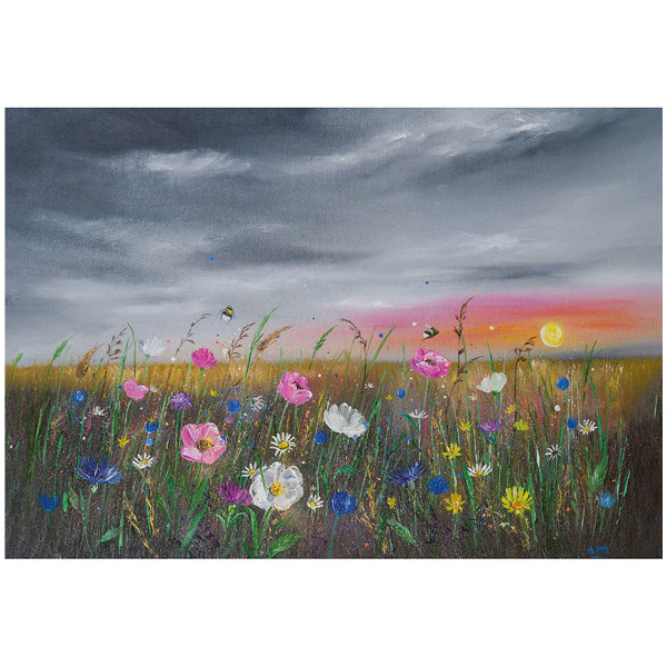 Alison Mcilkenny solnedgång över vilda blommor print 30cm x 40cm Gree Green/Pink/Grey 30cm x 40cm