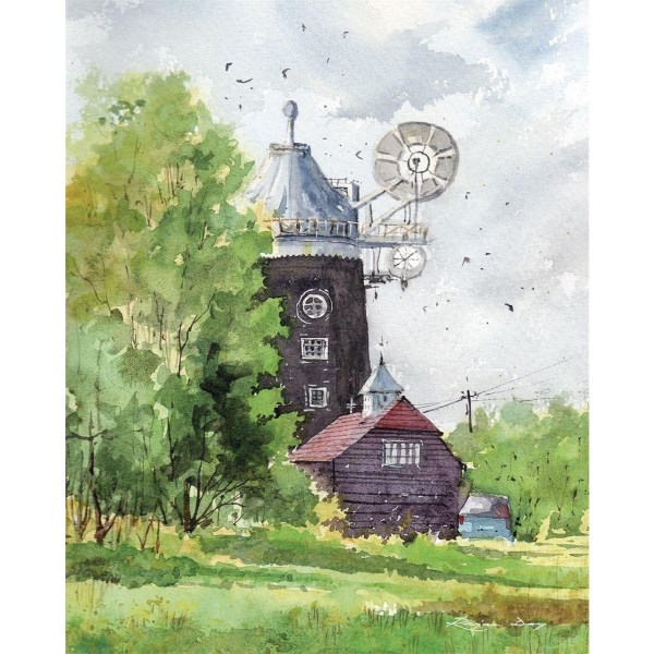 Rajan Dey Wray Common Windmill Surrey inramad duk 40 cm Green/Blue/Brown 40cm x 50cm