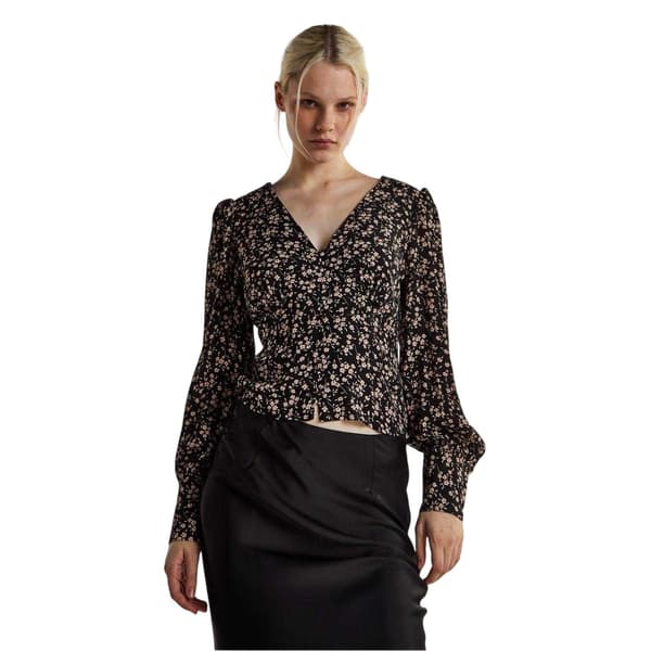 Glamorous Dam Ditsy Print Knapp Fram Puffärm Topp Black 10 UK