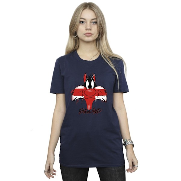 Looney Tunes Dam/Damer Sylvester England Face Bomull Pojkvän T-Shirt Navy Blue 3XL