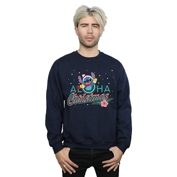 Disney Mens Lilo And Stitch Aloha Christmas Sweatshirt 3XL Marinblå Navy Blue 3XL