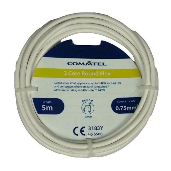 Commtel 3-ledare Rund Flex 0,75mm2 5m Vit White 5m