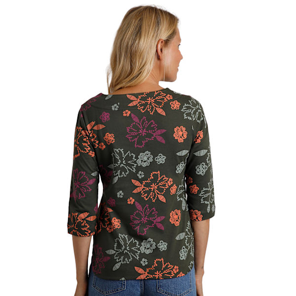 Weird Fish Dam T-shirt i Pinto Floral Jersey av Organisk Bomull, Storlek 16 Fir Green 16 UK