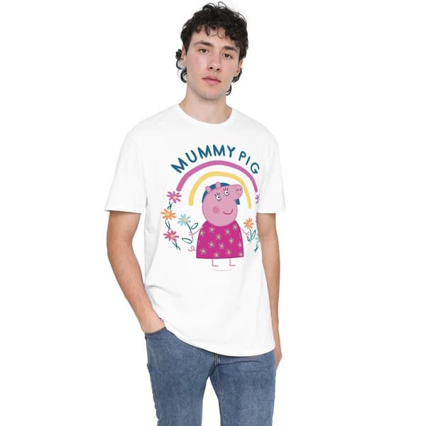Greta Gris Herr Mamma Gris Blommig Regnbåge T-Shirt S Vit White S