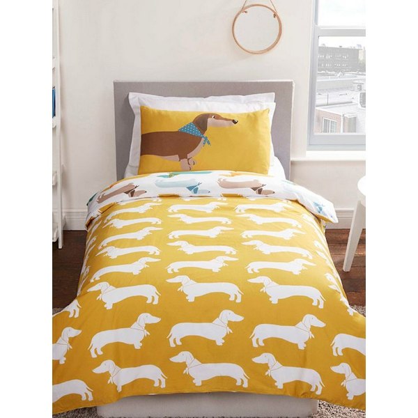 Rapport Tax Dachshund Påslakan Set Enkelsäng Vit/Gul White/Yellow Single