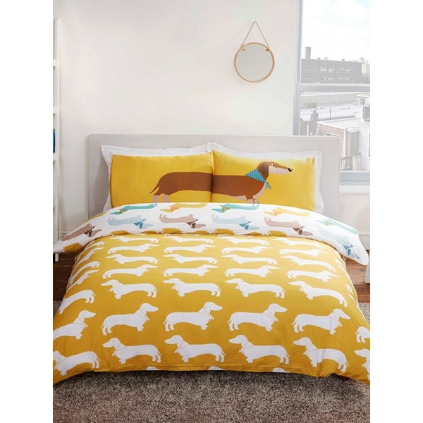 Rapport Tax Dachshund Påslakan Set Enkelsäng Vit/Gul White/Yellow Single