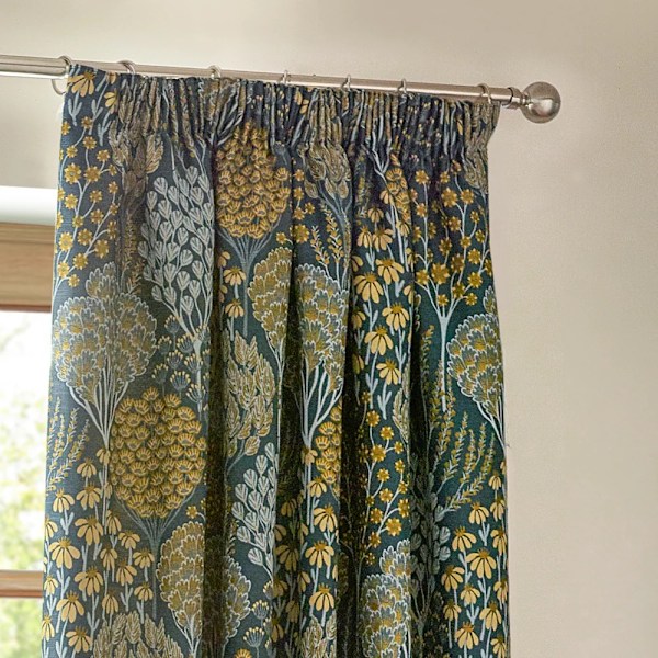 Wylder Ophelia Jacquard Blommiga Blyertsveckade Gardiner 117cm x 183cm Blue/Saffron 117cm x 183cm