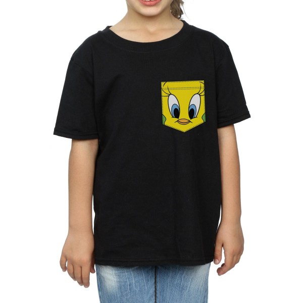 Looney Tunes Girls Tweety Pie Face Faux Pocket T-shirt i bomull 5 Black 5-6 Years