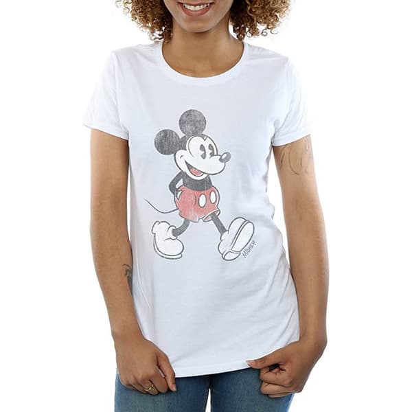 Disney Dam/Dam Walking Mickey Mouse Bomull T-shirt S Vit White S