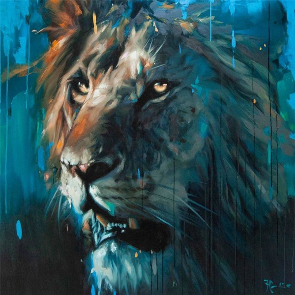 Frank Pretorius Lion Inramad Canvas Tavla 40cm x 40cm Blå/Brun Blue/Brown 40cm x 40cm