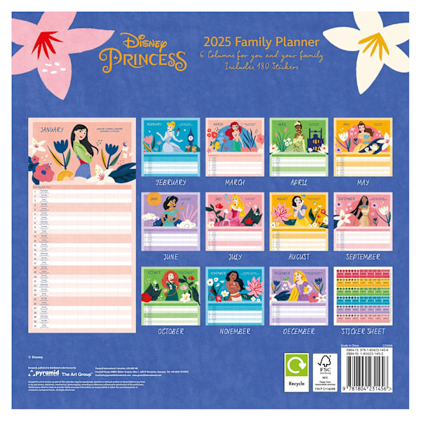 Disney Princess 2025 Fyrkantig Familjeplanerare One Size Flerfärgad Multicoloured One Size