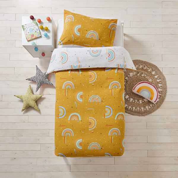 Little Furn Barn/Barn Regnbåge Påslakan Set Dubbel Senapsgul Mustard Yellow Double