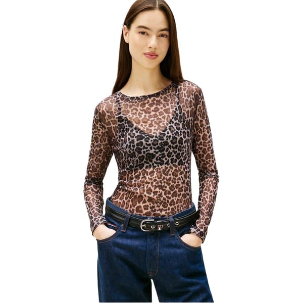 Tommy Jeans Dam Leopardmönstrad Mesh Långärmad T-shirt Brown/Beige 12 UK