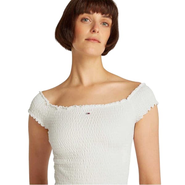 Tommy Jeans Dam Mini Logo Off Shoulder Slim Smock Topp Ecru 14 UK