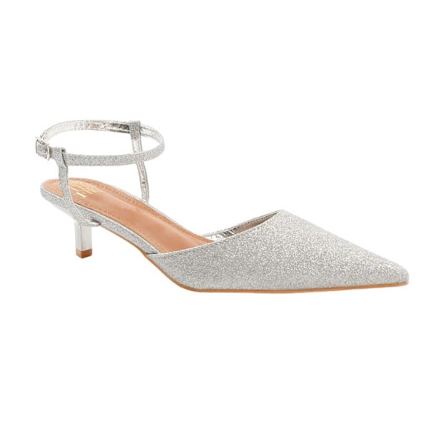 Where's That From Dam/Damer Malta Glitter Konstläder Ankelrem Kitten Heel Sandaler 8 UK Silver. Silver 8 UK