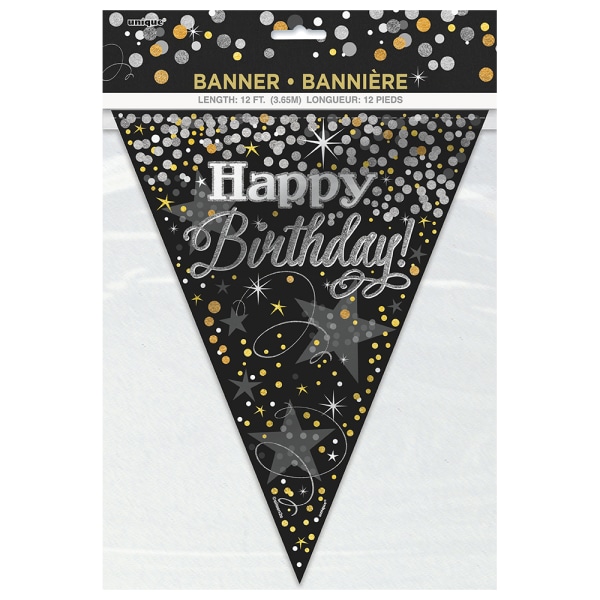 Unik Party Folie Glitter Födelsedag Bunting 12ft Svart/Silver/Go Black/Silver/Gold 12ft