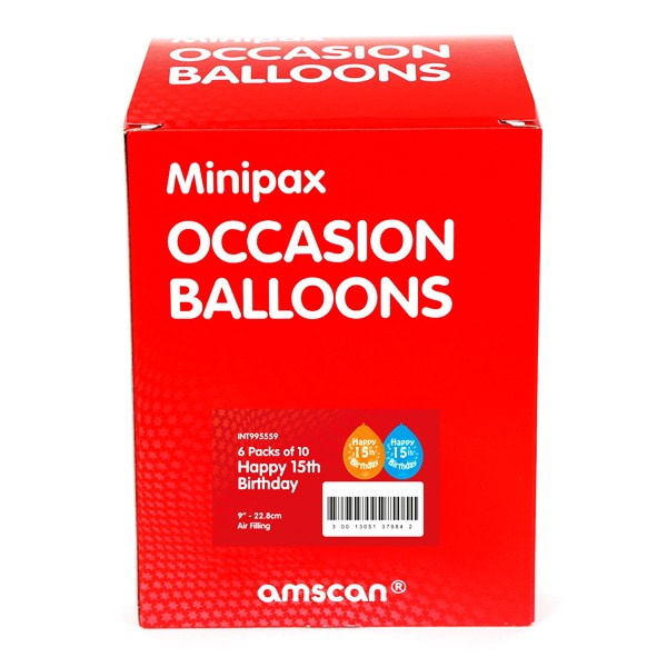 Amscan Minipax Happy 15th Birthday Balloons Box (6 Pack) 22.8cm Orange and Blue 22.8cm