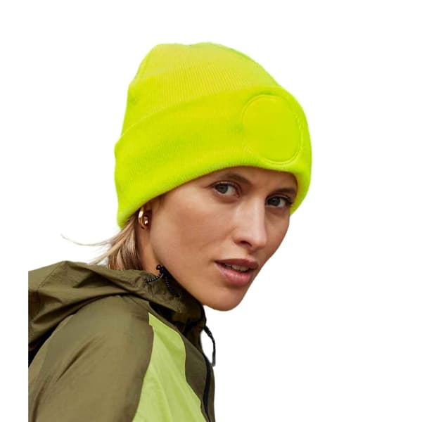 Beechfield Rund Stickad Mössa med Patch, Storlek One Size, Fluorescerande Gul Fluorescent Yellow One Size