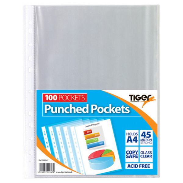 Tiger A4 Multi Punched Pockets X 100 A4 Transparent Transparent A4