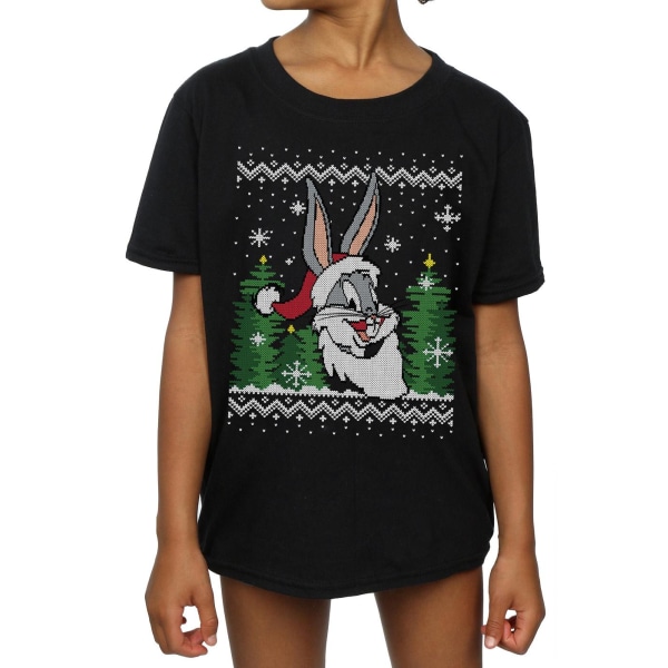 Looney Tunes Girls Bugs Bunny Christmas Fair Isle Cotton T-Shir Black 5-6 Years