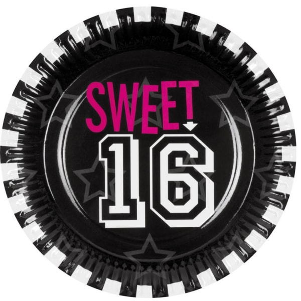 Boland Paper Round Sweet Sixteen Party Plates One Size Black/Wh Black/White/Pink One Size